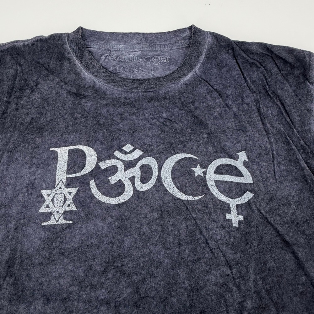 Peacemonger Coexist Religious Symbols Graphic T-Shirt Gray Acid Wash Mens L